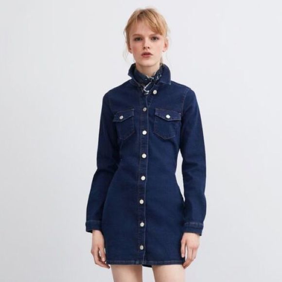 Zara TRF Size Medium Dark Wash Long Sleeve Button Down Denim Mini Dress - Picture 1 of 11